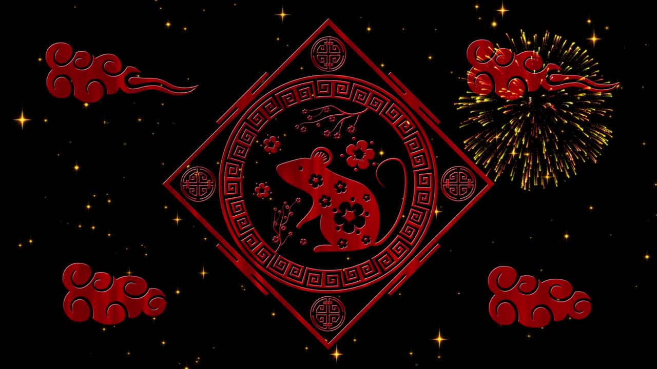 año nuevo lunar, fondo del festival de primavera con símbolo de rata, fuegos artificiales, estrellas relucientes. año nuevo chino telón de fondo de noche estrellada negra para el evento de vacaciones. animación de renderización 3d. bucle sin costuras 4k video