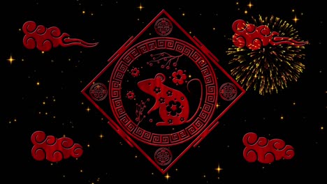 lunar new year, spring festival background with rat simbol, fireworks, glittering stars. chinese new year black starry night backdrop for holiday event. 3d rendering animation. seamless loop 4k video