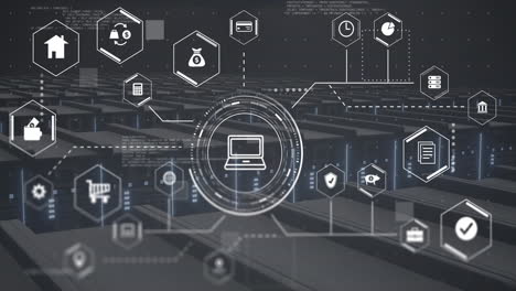 animación de red digital y procesamiento de datos sobre bastidores de servidores en el centro de datos