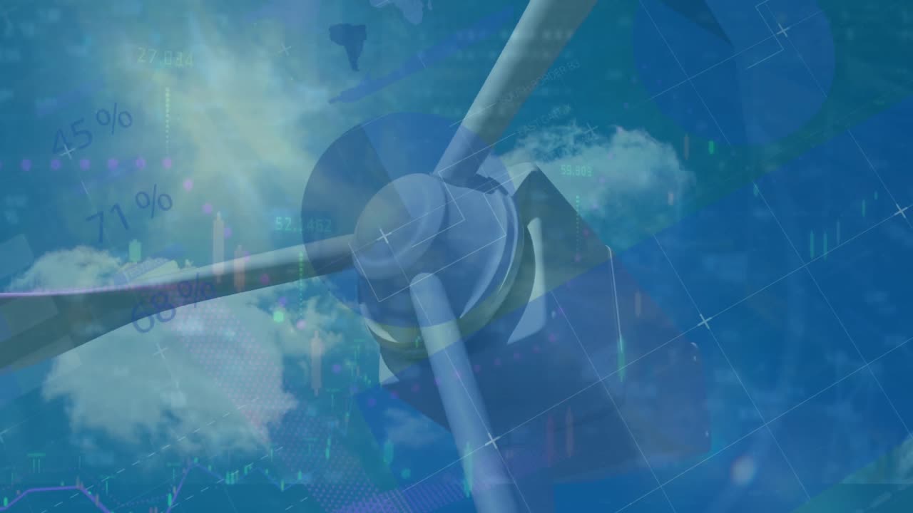 흐린 하늘에 대해 회전하는 풍차에 대한 인포그래픽 인터페이스의 애니메이션