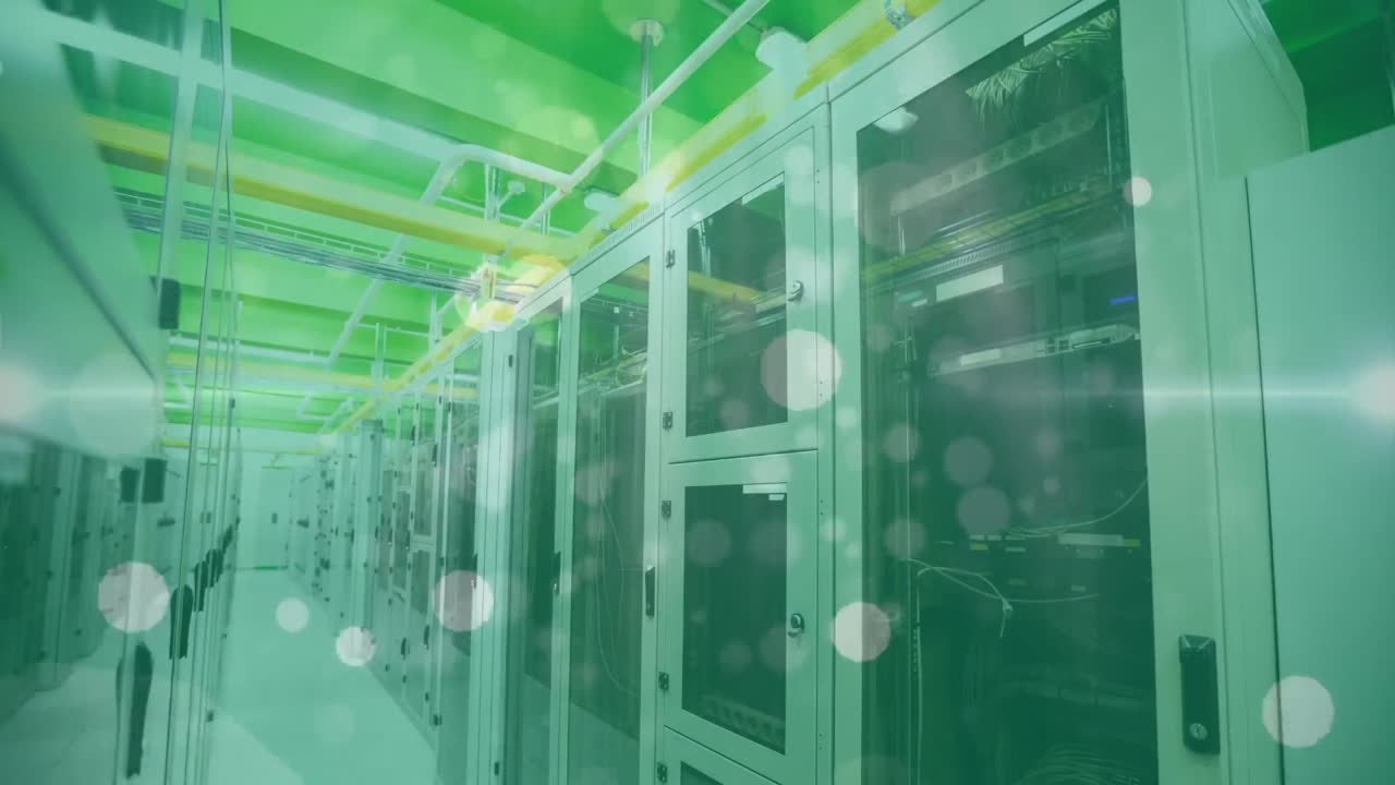 Animation of lights and dots floating over servers