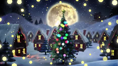 Animation-of-snow-falling-and-christmas-fairy-lights-flickering-and-christmas-tree-in-winter-scenery