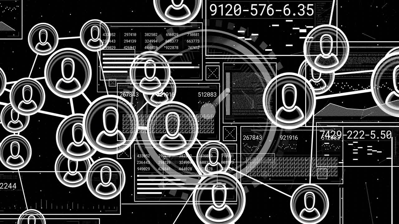 User icons connected by lines over data processing animation with numbers and graphs