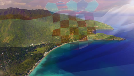 Composición-Digital-De-Ondear-La-Bandera-De-Croacia-Contra-La-Vista-Aérea-Del-Mar