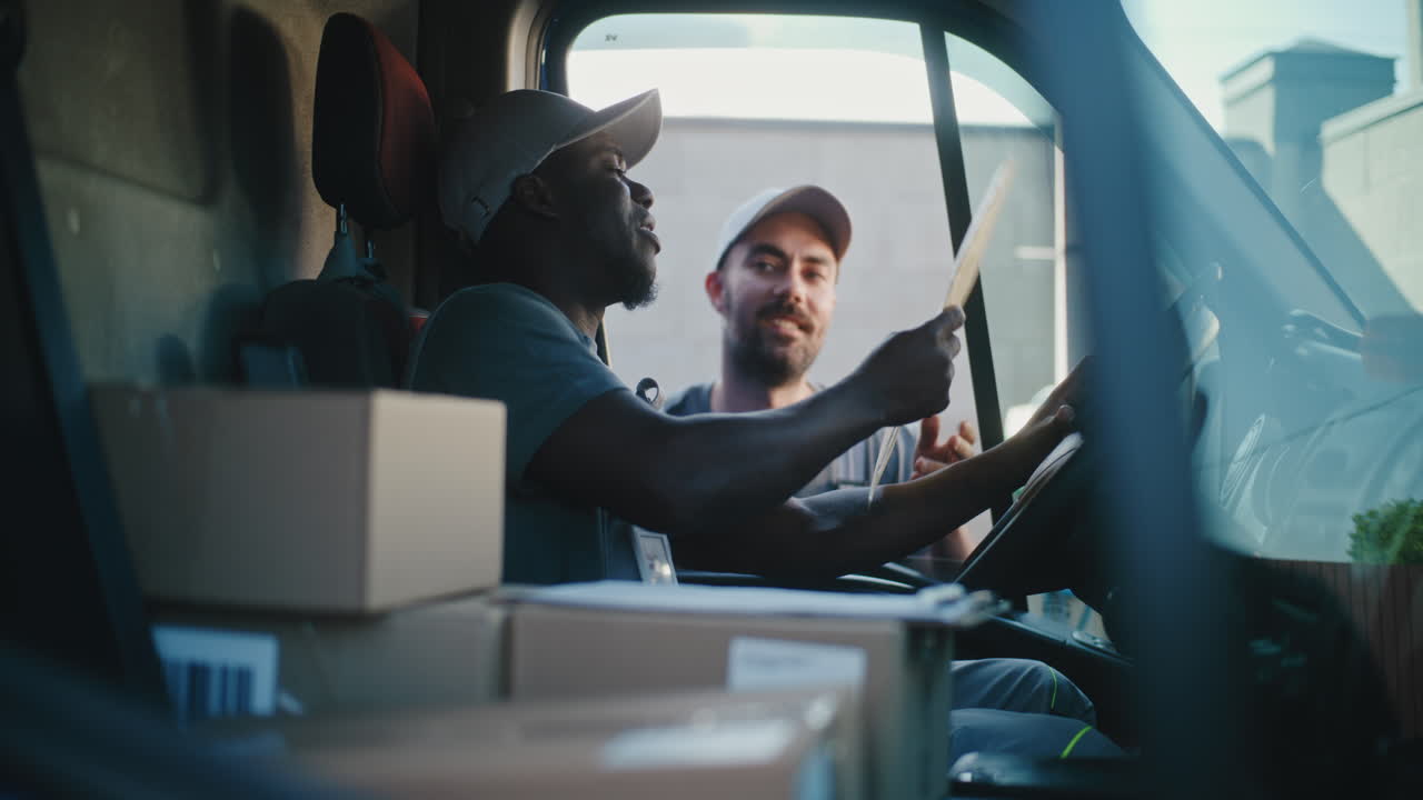 Couriers Preparing Package Delivery in Truck