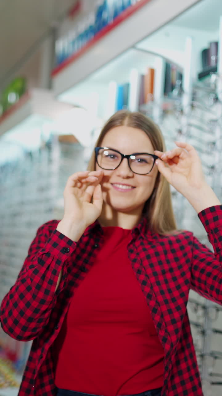 Woman trying glasses. View of young attractive woman testing new glasses
