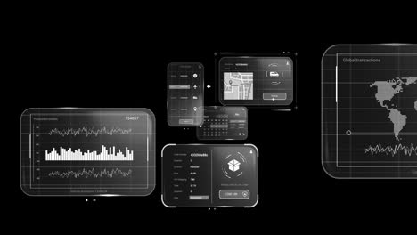 animation of digital interface and data processing on black background