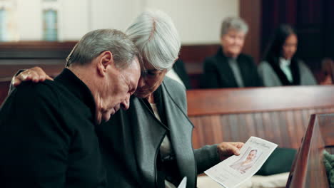 couple, funeral or sad old man crying in church