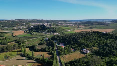 aerial view of rural portugal with green fields, farms, and distant towns under a clear sky