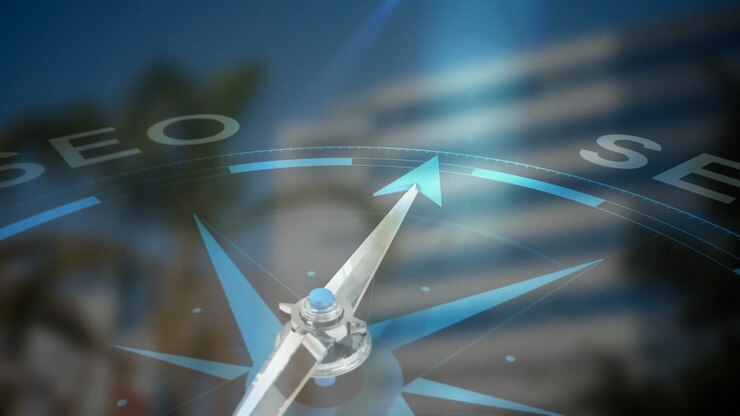 Metallic compass rose rotating over blurred city, camera pulling while needle pointing toward SEO
