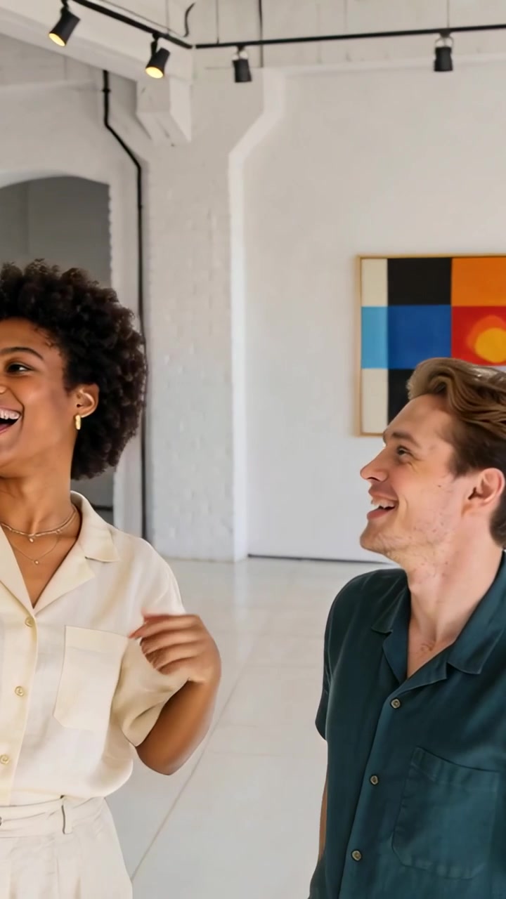 Video verticale: Uomo in camicia verde che applaude mentre una donna in abito beige entra da sinistra, arte in galleria.
