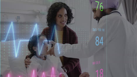 animation of heart rate monitor against indian male doctor helping a girl with an asthma inhaler