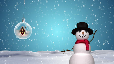 digital animation of snow falling over house in glass ball hanging and male snowman