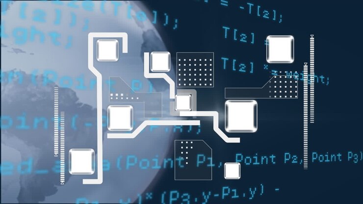 Анимация обработки цифровых данных по сети соединений и глобусу