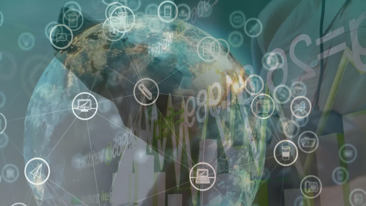 전 세계 소셜 미디어 아이콘과의 연결 네트워크의 애니메이션