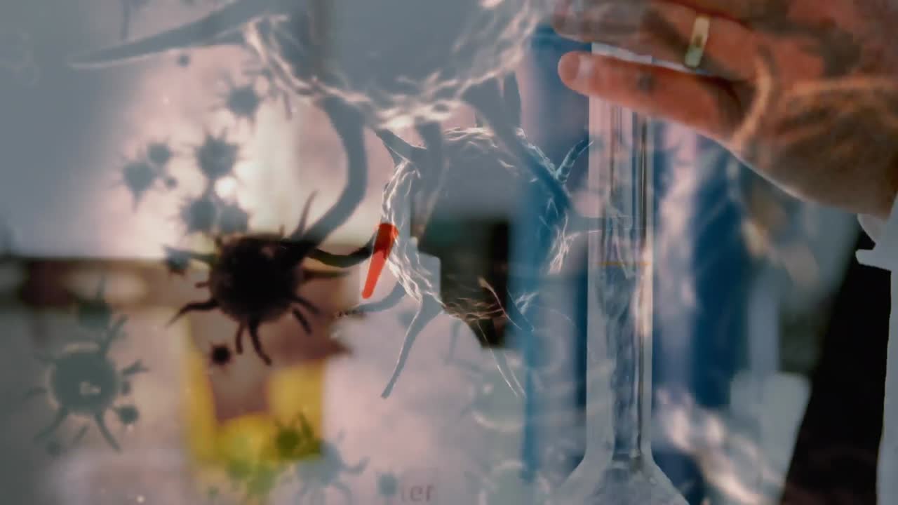 múltiples células de covid-19 flotando contra la sección media del trabajador de la salud que trabaja en el laboratorio