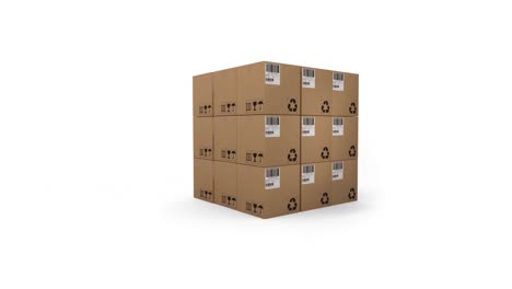 animation of multiple stacked up cardboard boxes moving on white background