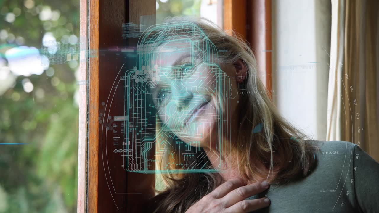 Mature woman leaning window, hand on chest, initiating holographic HUD scan verifying ID in tech