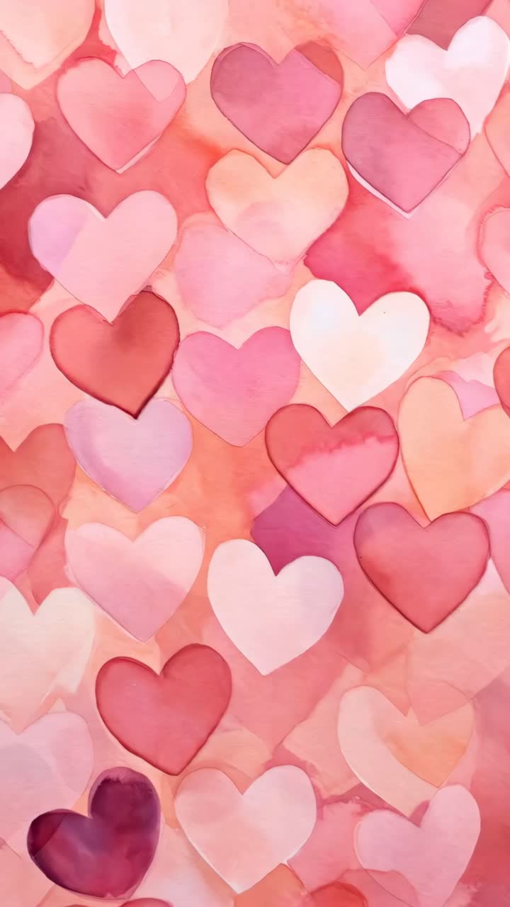 Vista aerea di cuori ad acquerello in tonalità rosa e rosse, che creano uno sfondo romantico e artistico