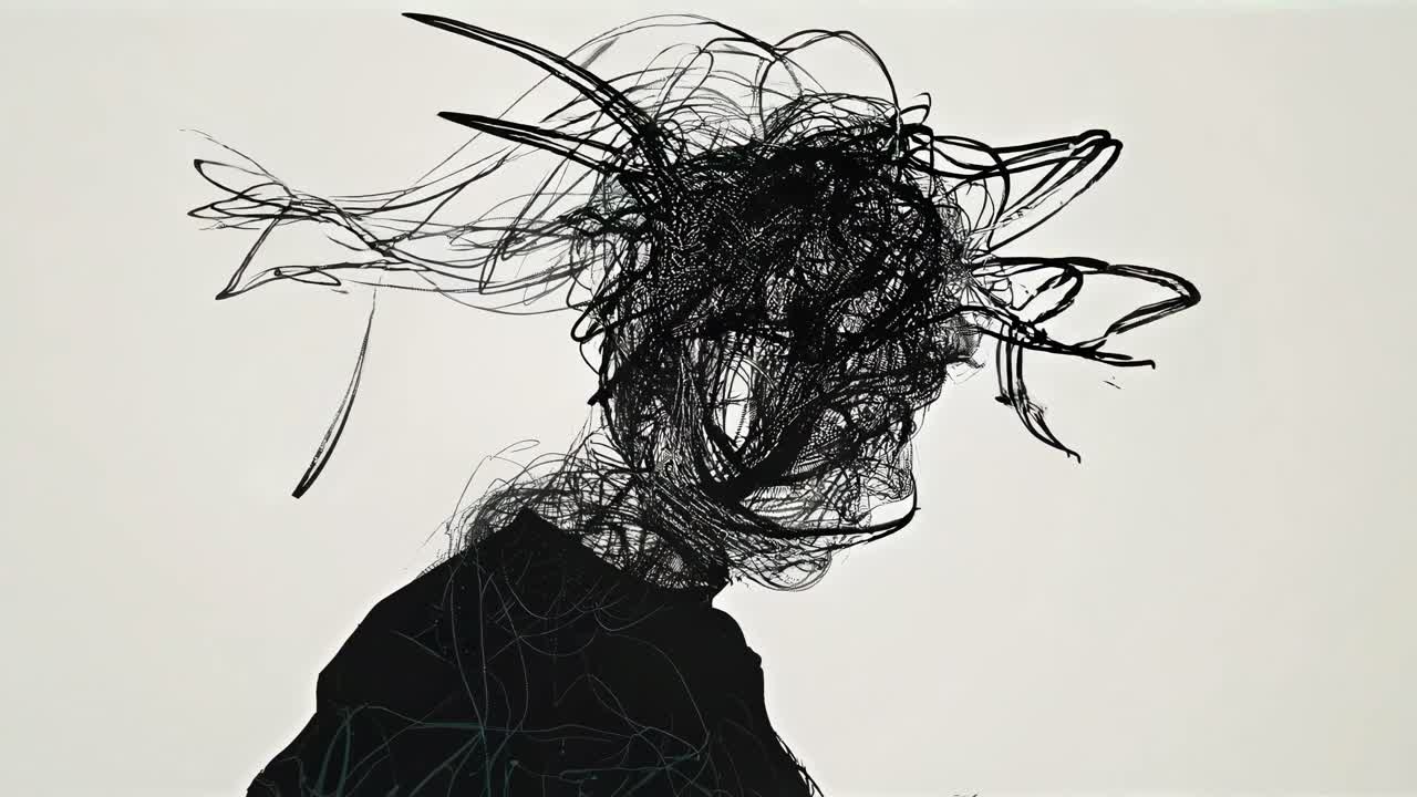 Abstract video concept with a side profile silhouette of a person, head filled with chaotic lines