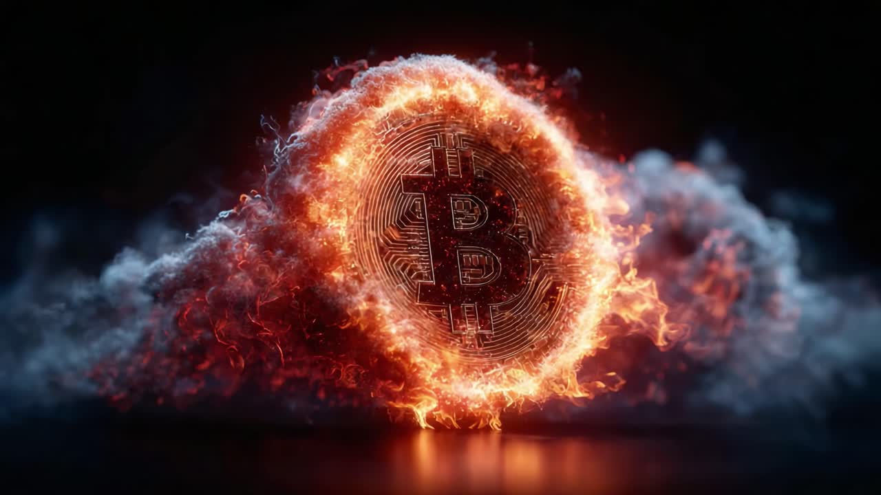 Fantastisk visuel gengivelse af kryptovaluta: Bitcoin indkapslet i flammende flammer, der symboliserer energi og innovation i den digitale finansverden