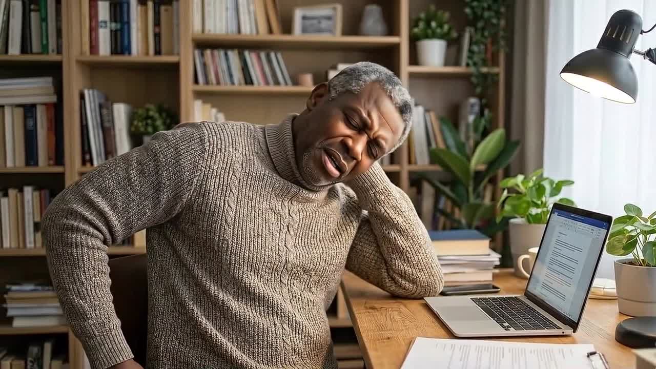 Uomo maturo che prova dolore al collo mentre lavora al laptop a casa