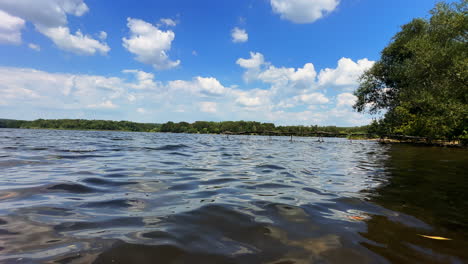 wavy surface of river with some leaves floating on. trees on the waterfront at backdrop of blue sky with white clouds.