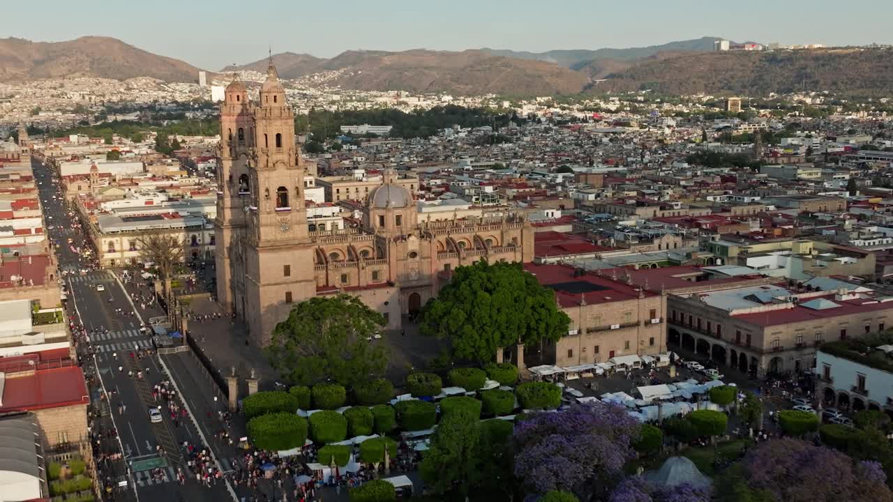 DRONE SHOT OF MORELIA CATHEDRAL AT SUNSET