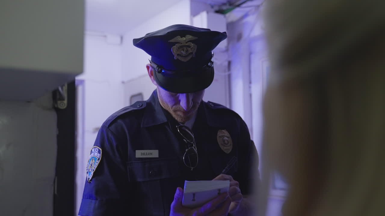 Investigator or detective speaks with woman at entrance of her home, taking notes and identikit Routine questioning. Showing funny drawing on his notepad. Quirky interaction with cop conversation