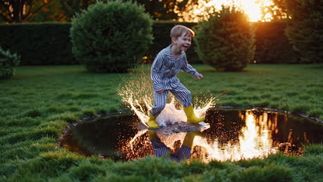 happy boy splashing in puddle at sunset