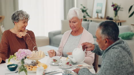 food, retirement and senior friends at a tea party