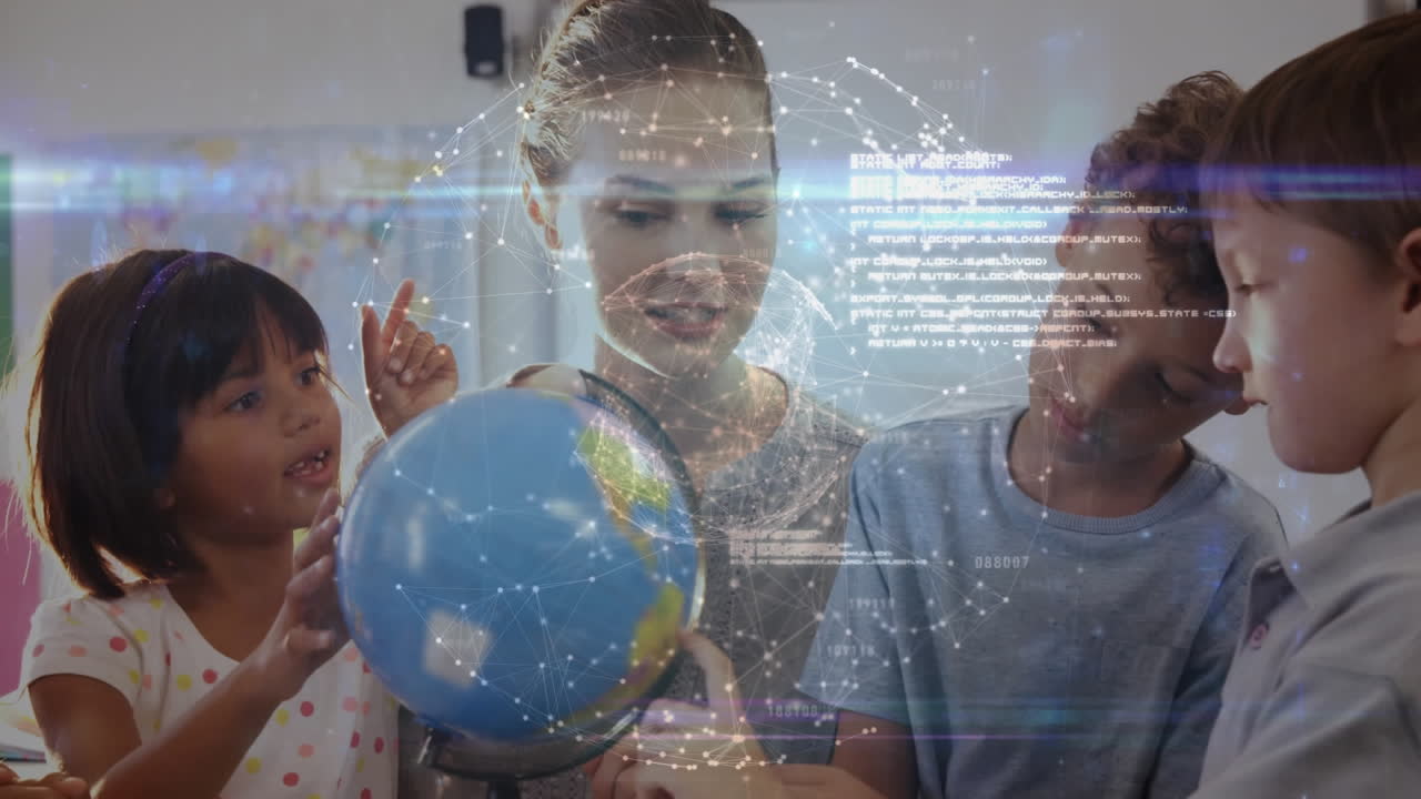 animación del procesamiento de datos y la red de conexiones sobre los escolares que miran el mundo