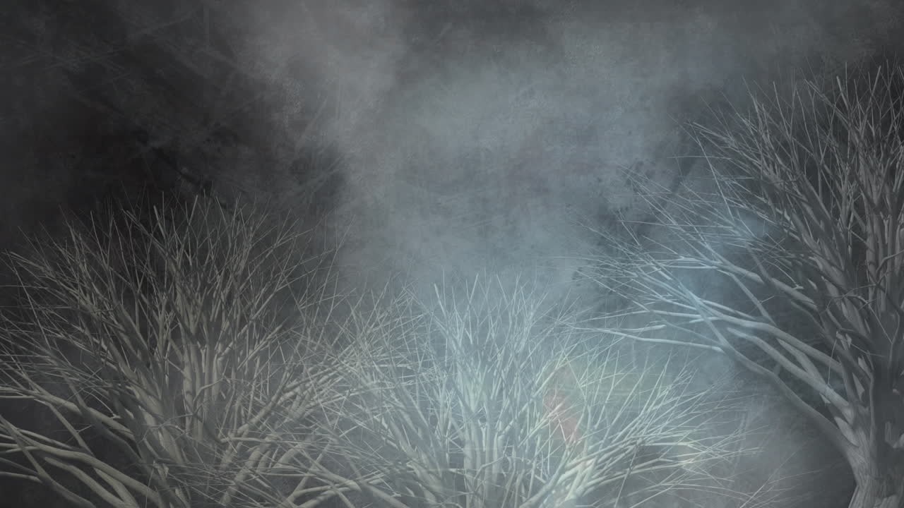 나무와 어두운 하늘의 애니메이션이 텍스처 된 회색 배경에 대해