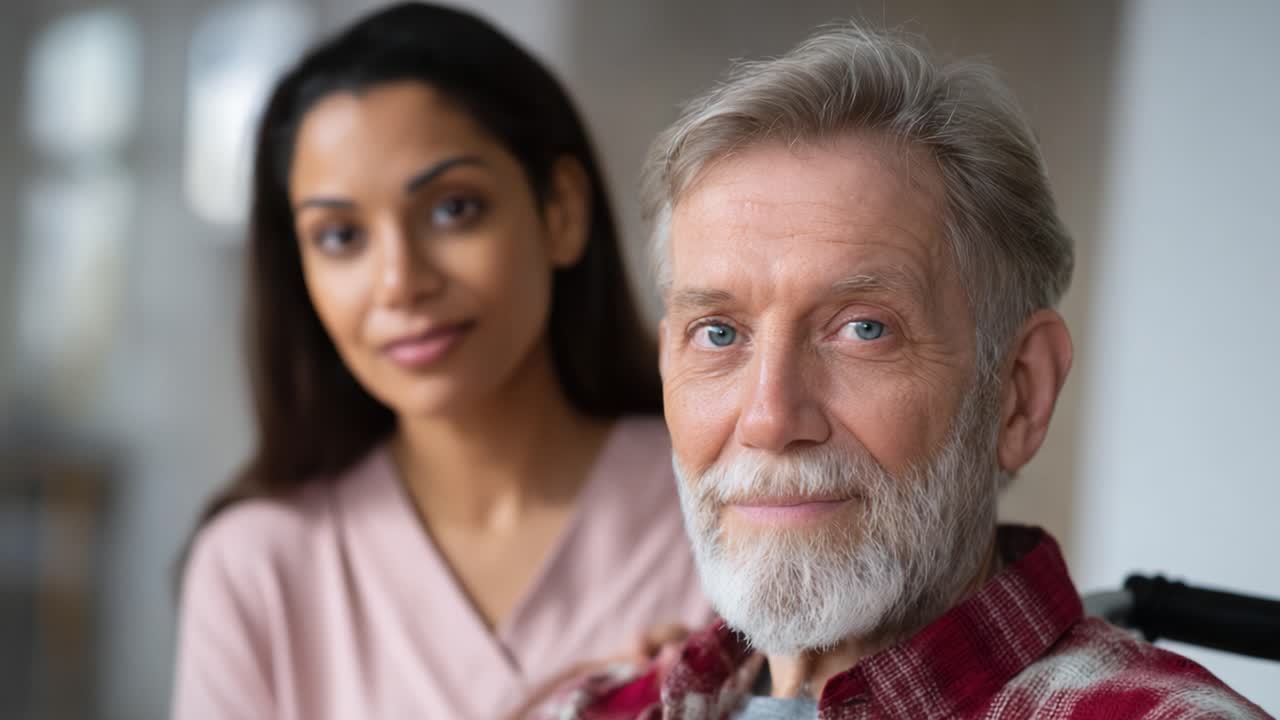 A Caring Interaction: A Close-Up of a Smiling Elderly Man and a Young Woman, Emphasizing Bonding, Compassion, and Generational Connection in Their Shared Moment