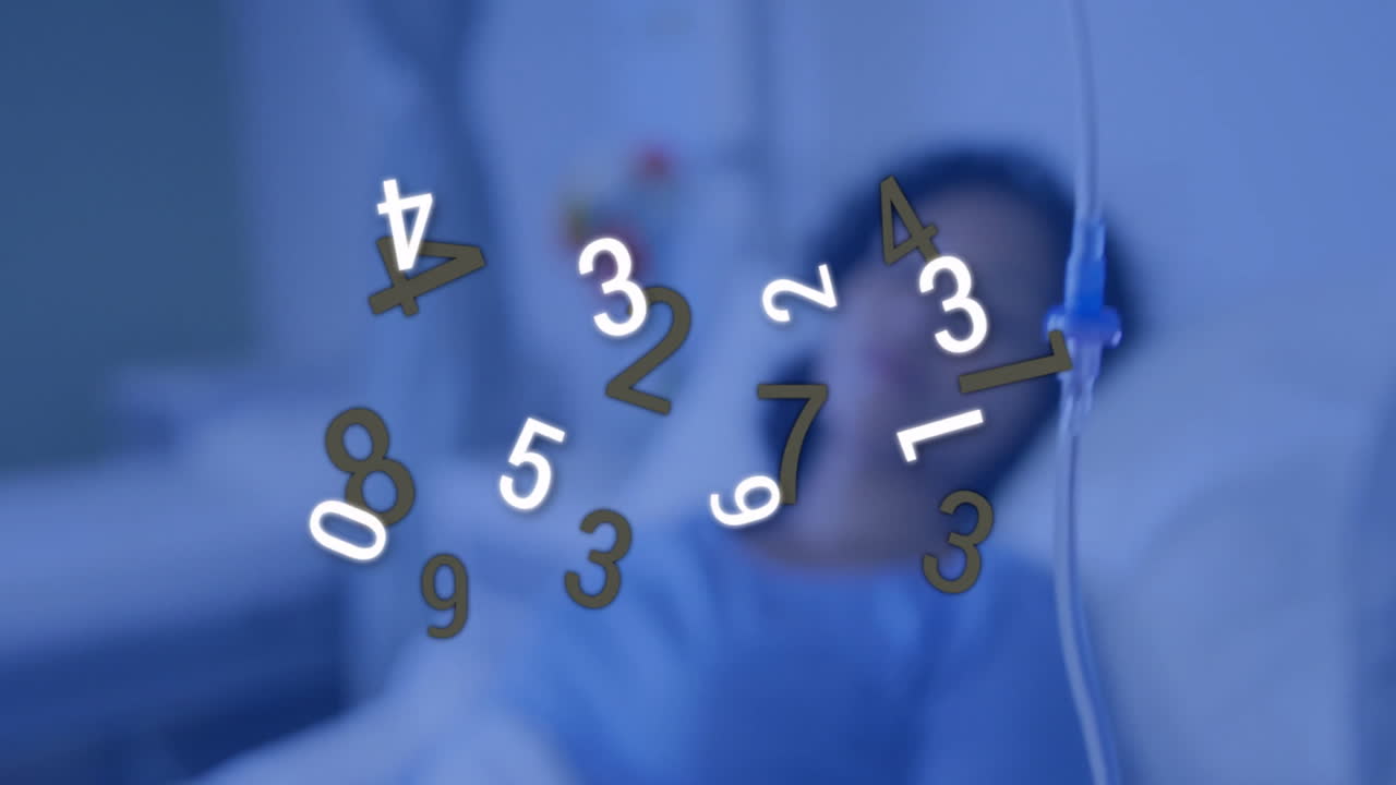 female patient lying on hospital bed with IV drip, showing animated digital health data overlay