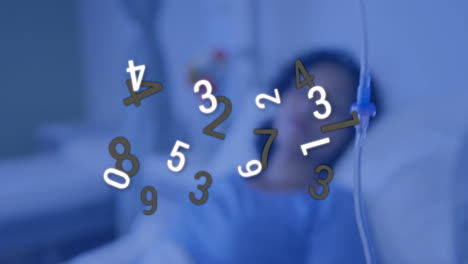 female patient lying on hospital bed with iv drip, showing animated digital health data overlay
