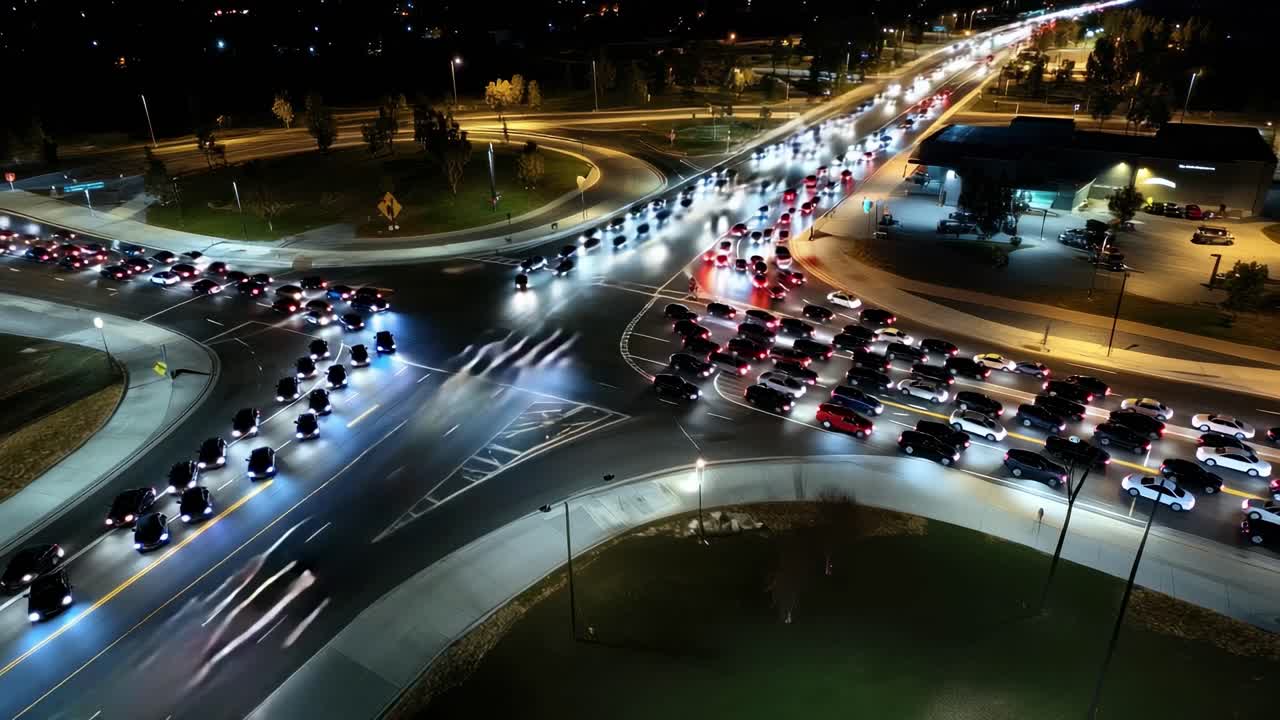 Aerial view of a busy intersection at night with light trails from cars, capturing motion and speed