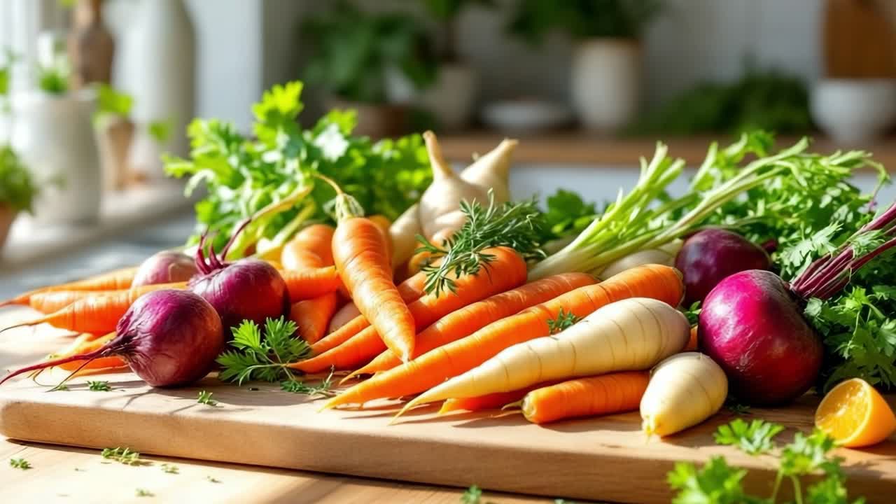 Fresh organic vegetables including carrots, radishes, and parsley are beautifully arranged on a wooden cutting board in a bright kitchen, showcasing vibrant colors and natural textures