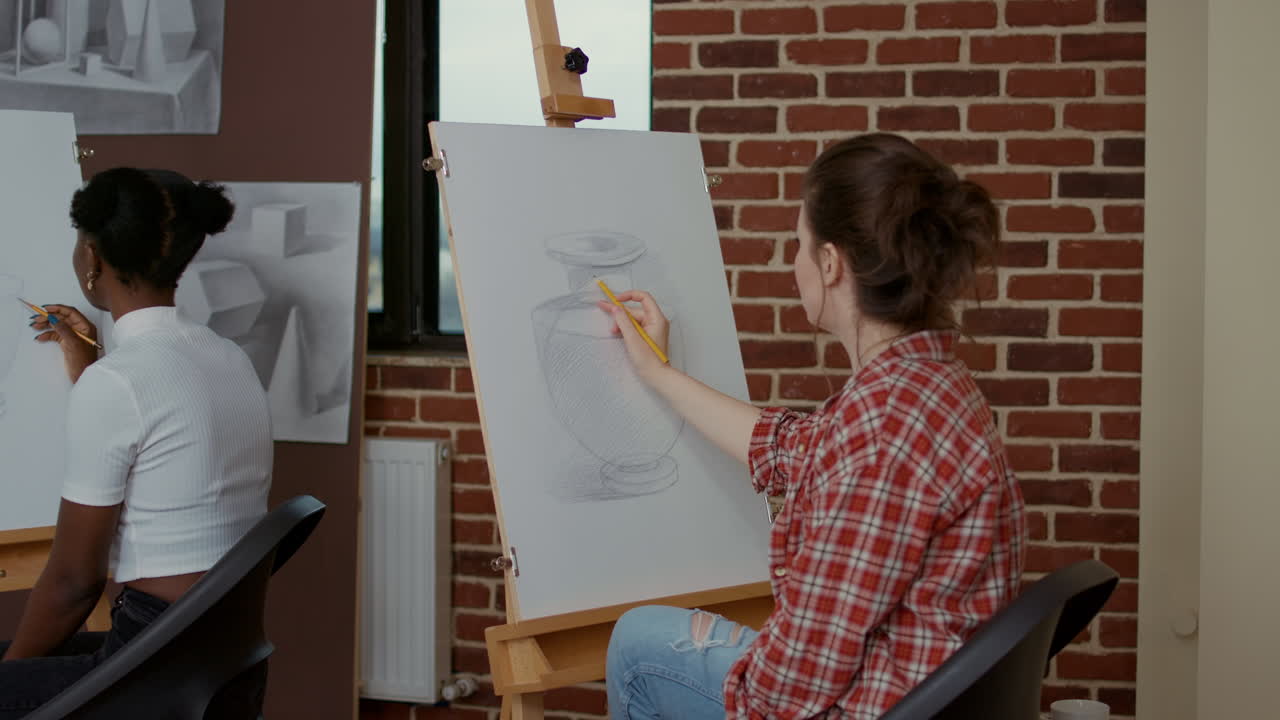 Portrait of creative woman attending art class at drawing school