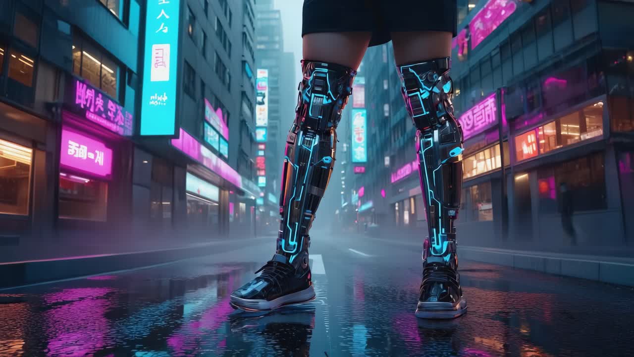 Futuristiska cybernetiska ben i en neonfärgad cyberpunkstad