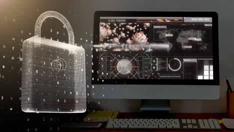 animation of padlock and data processing on computer screen