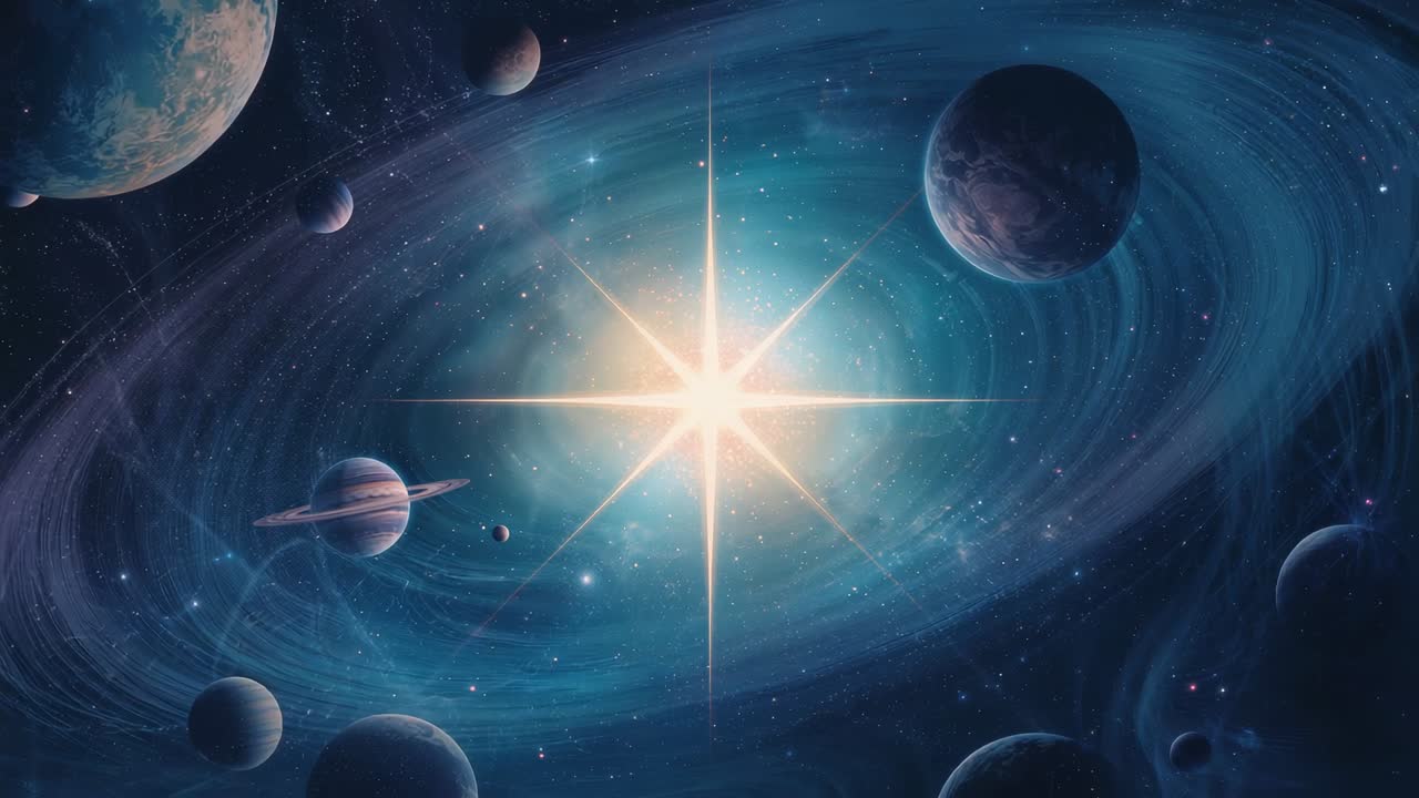 Pulsing central star illuminating spiral nebula and planets in space, highlighting ringed planet