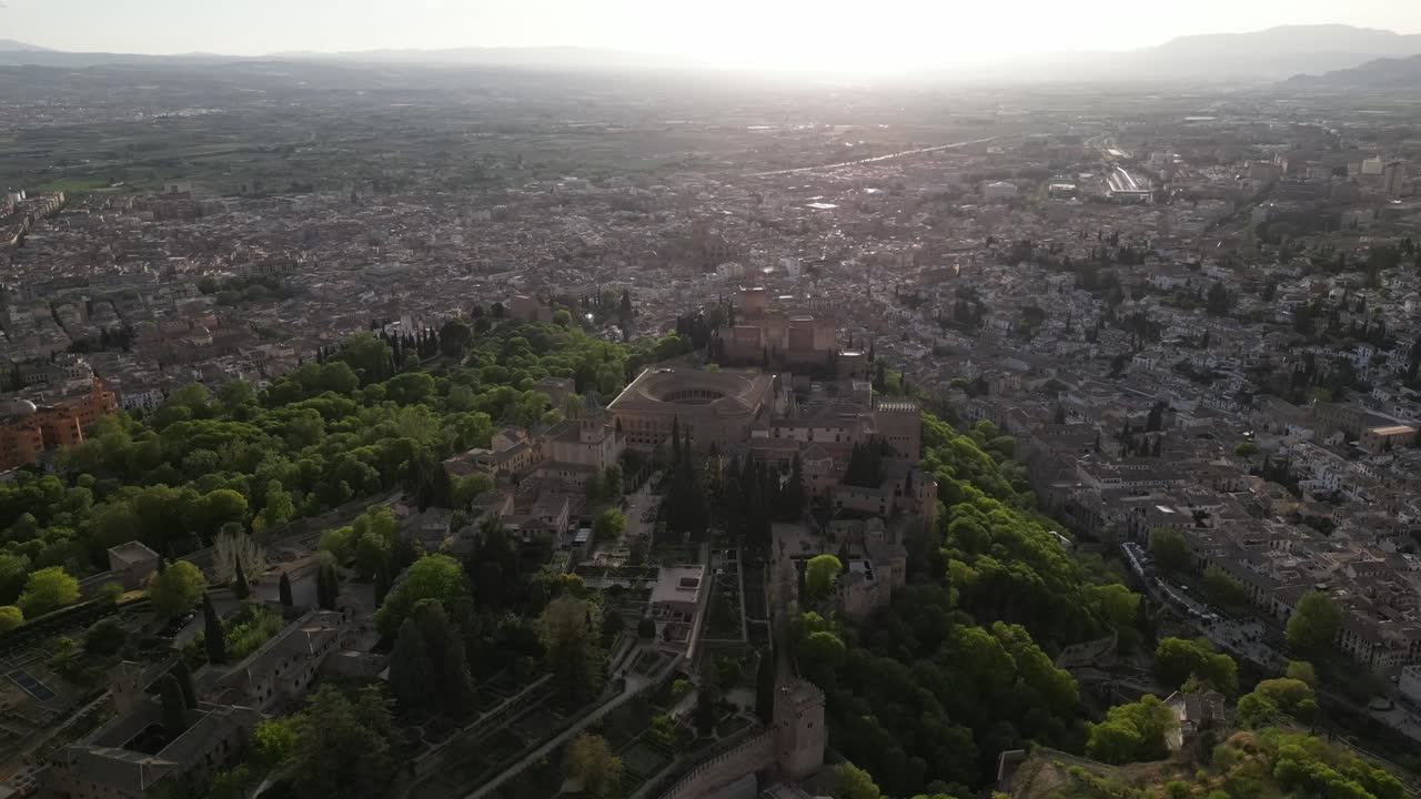 Aerial View of Alhambra Palace in Granada, Spain at Sunset