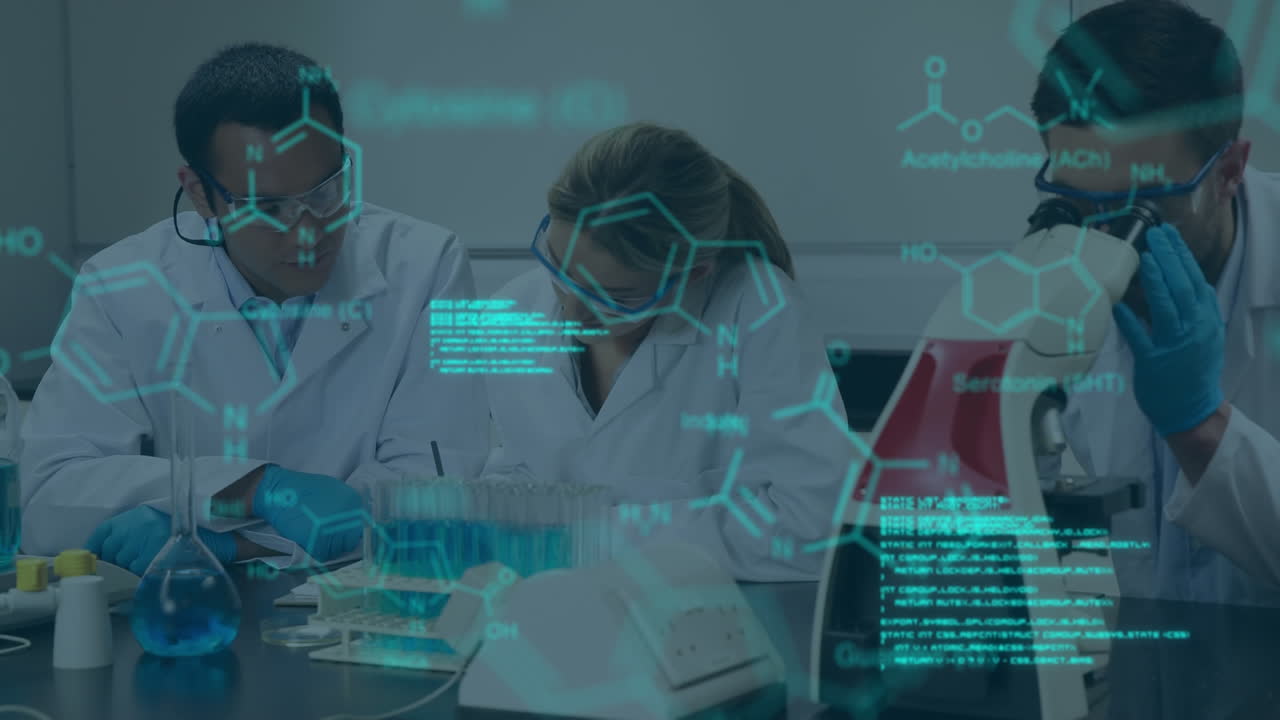 animación del procesamiento de datos científicos en un grupo diverso de científicos en el laboratorio
