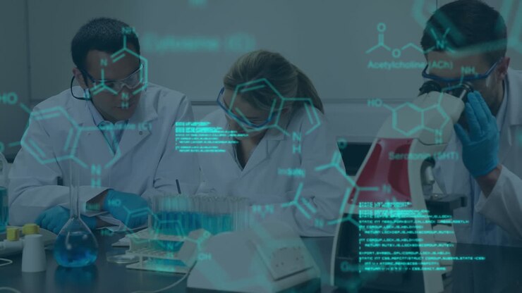 Animation of science data processing over diverse group of scientist in laboratory