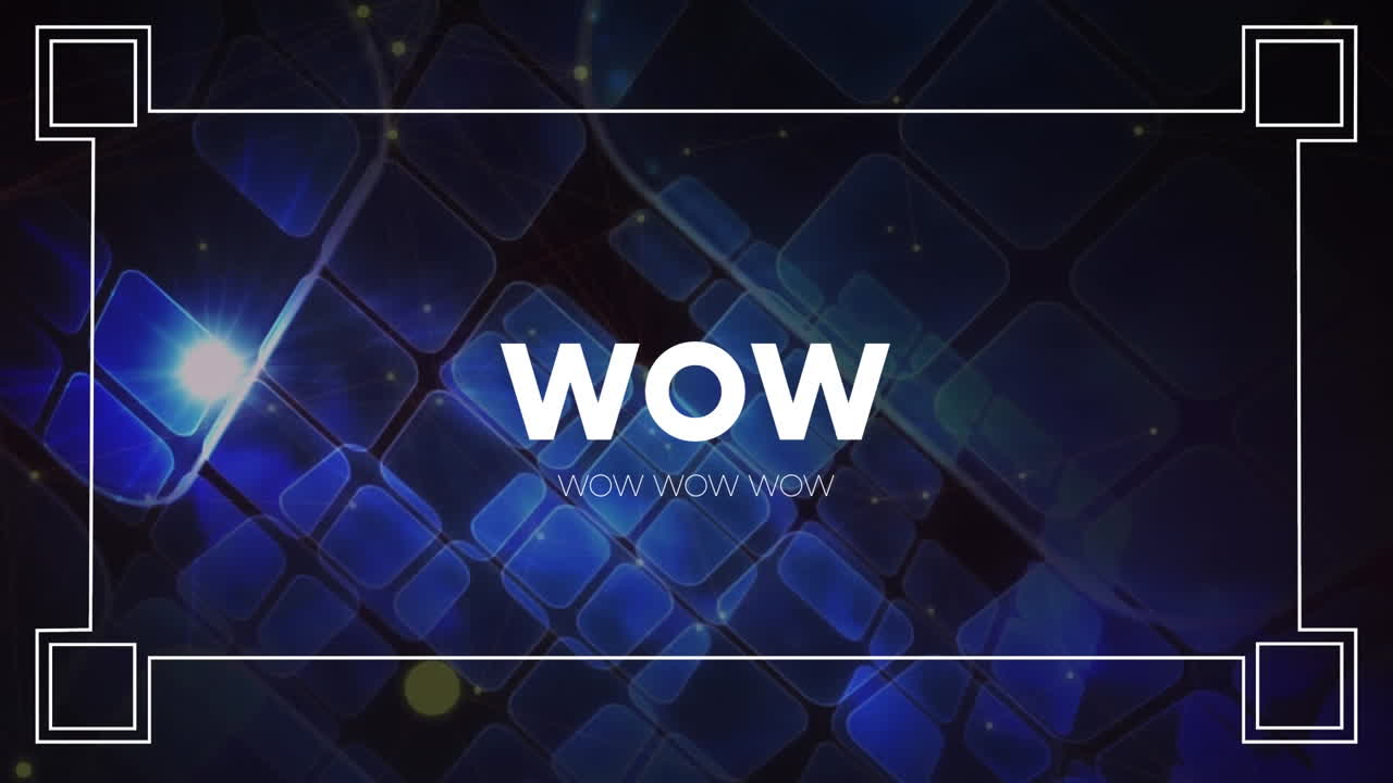 Animation of wow text in white with white frame, over moving blue tablets on black background