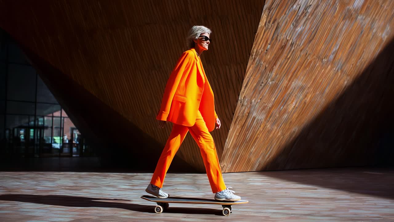 A Stylish Individual in Vibrant Orange Apparel Skating Gracefully on a Skateboard Against a Modern Architectural Backdrop with Striking Geometric Lines and Shadow Play
