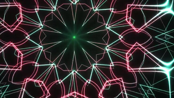 Abstract Neon Kaleidoscope Pattern with Glowing Green and Pink Geometric Lines