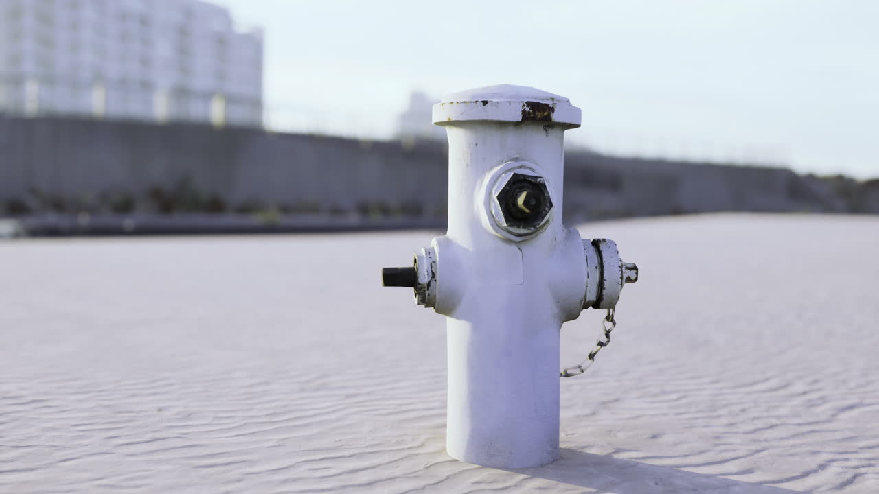 White fire hydrant on sandy beach area in clear daylight