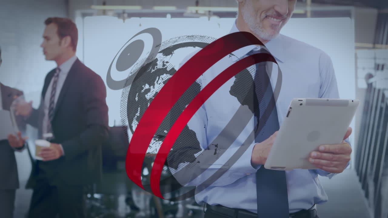 animación del globo y procesamiento de datos sobre hombre de negocios caucásico usando tableta